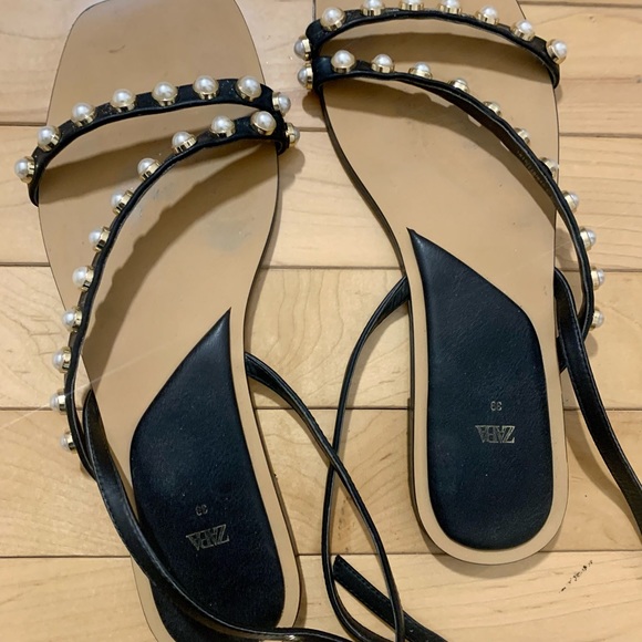 ZARA Flat Sandals with Pearl Straps